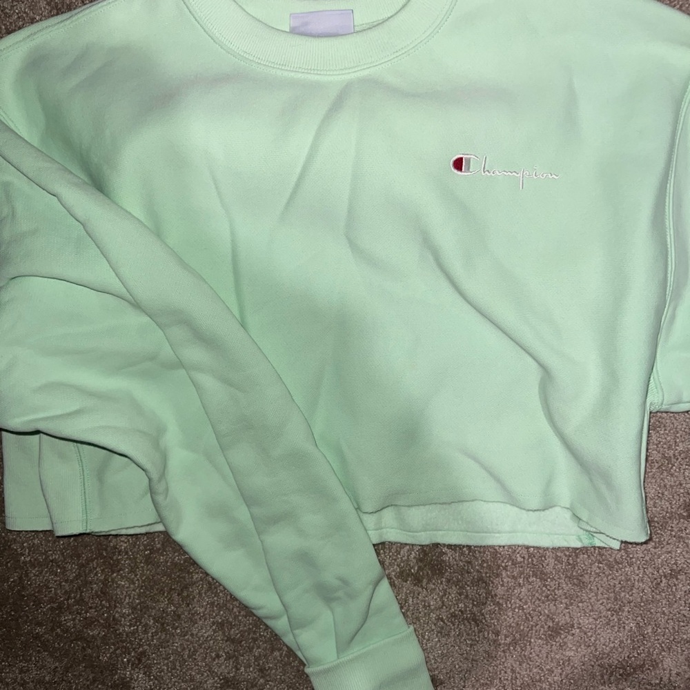 Champion Women's Light Green Crew Neck Cropped Sweater